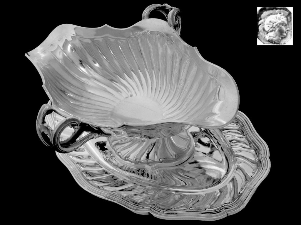 Antique French Sterling Silver Gravy/Sauce Boat with Tray Rococo For Sale 4