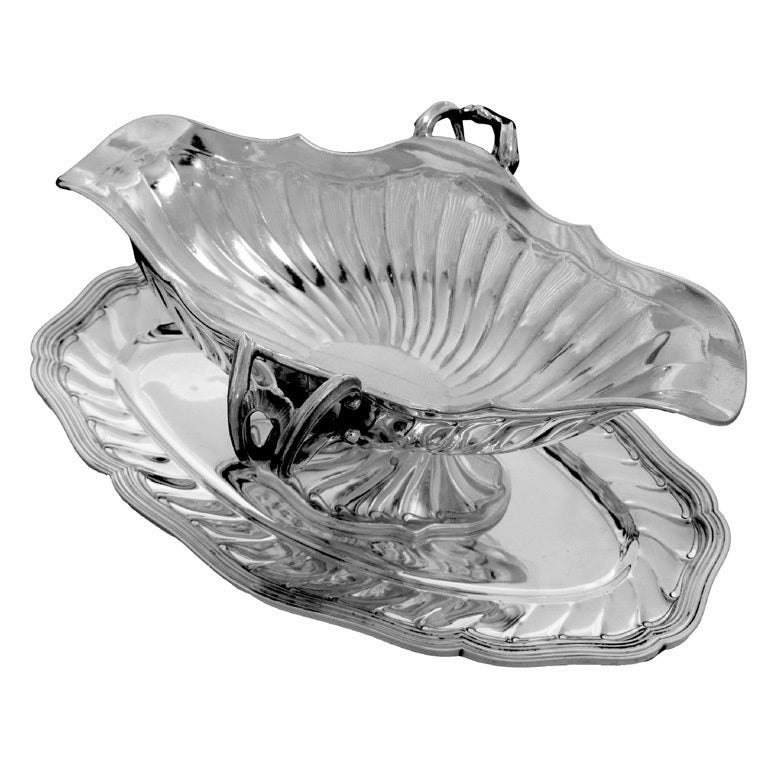 Antique French Sterling Silver Gravy/Sauce Boat with Tray Rococo For Sale