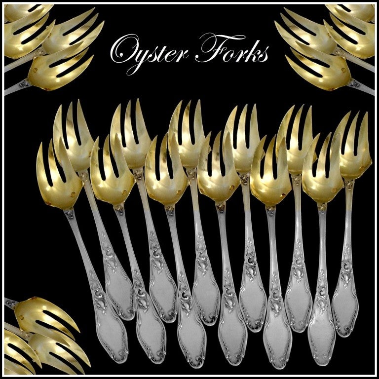 Fabulous French All Sterling Silver Vermeil Oyster Forks 12 pc Rococo

Head of Minerve 1 st titre for 950/1000 French Sterling Silver Vermeil guarantee.

Terminating with unusually well-shaped, curved triple silver-gilt sharp tines, the forks