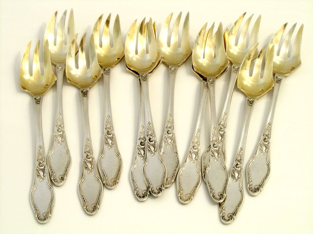 Art Deco Fabulous French All Sterling Silver Vermeil Oyster Forks 12 pc Rococo