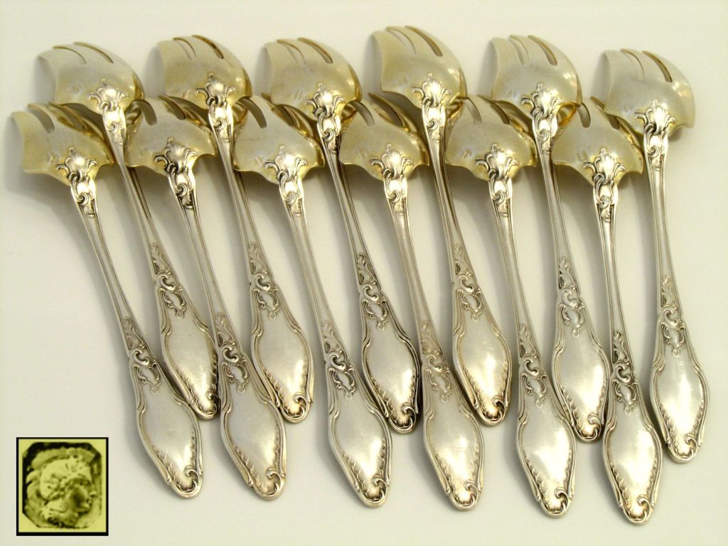 Fabulous French All Sterling Silver Vermeil Oyster Forks 12 pc Rococo In Good Condition In Triaize, Pays de Loire
