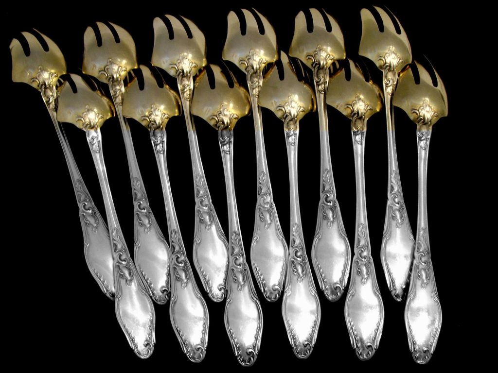 Women's or Men's Fabulous French All Sterling Silver Vermeil Oyster Forks 12 pc Rococo