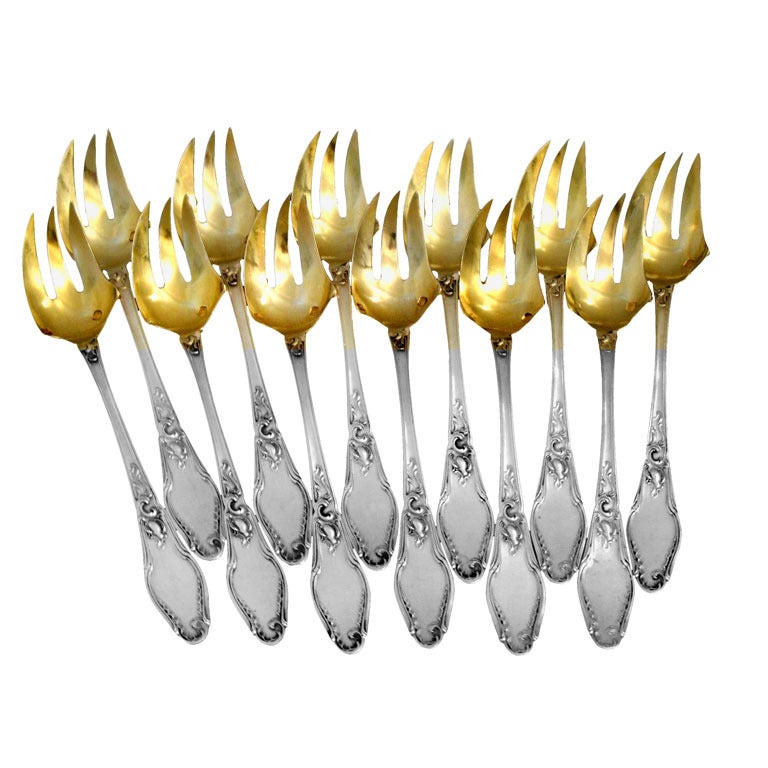 Fabulous French All Sterling Silver Vermeil Oyster Forks 12 pc Rococo