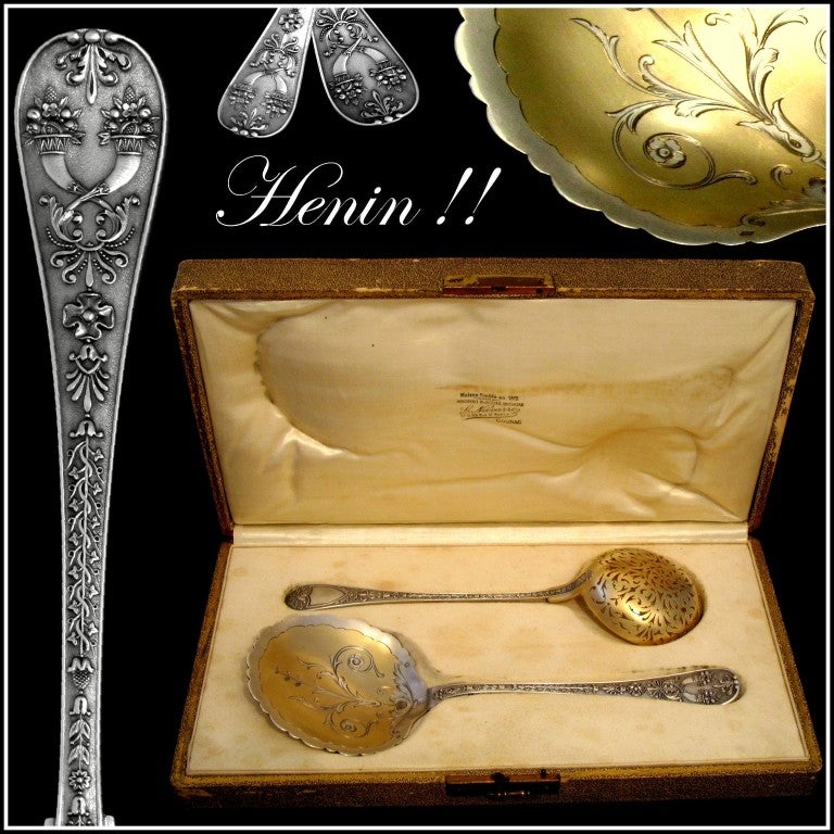 HENIN Rare French All Sterling Silver Vermeil Strawberry Set 2 pc box Cornucopia