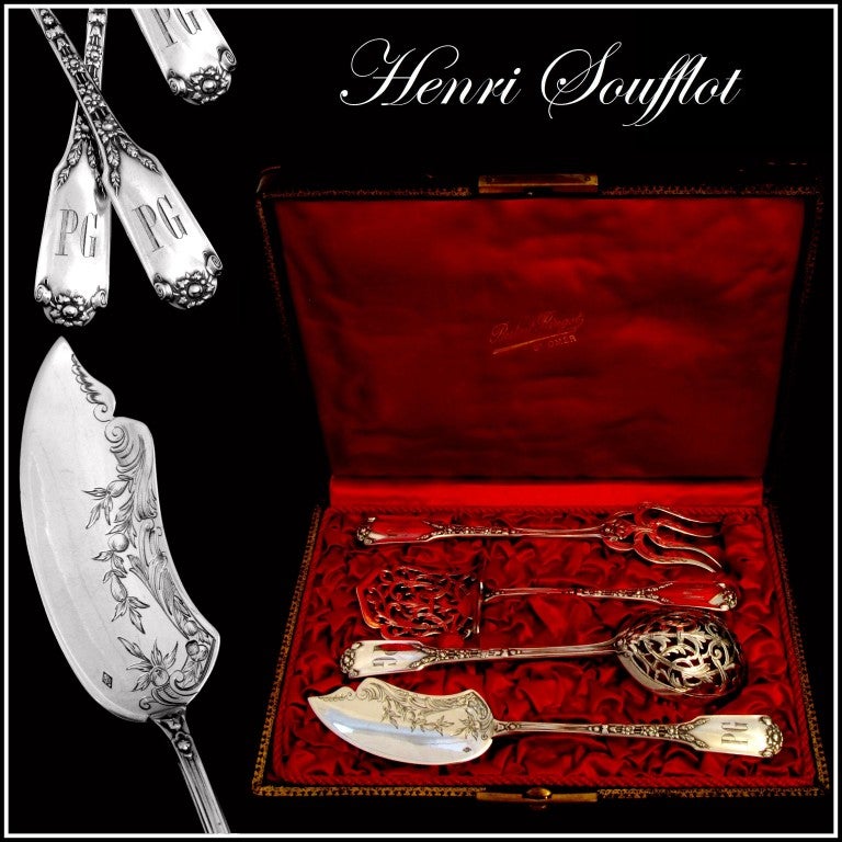 SOUFFLOT Fabulous French All Sterling Silver Hors D'oeuvre Set 4 pc original box

Head of Minerve 1 st titre for 950/1000 French Sterling Silver guarantee.

Exceptionally well-chased and finished, a massive service includes a server, a sugar