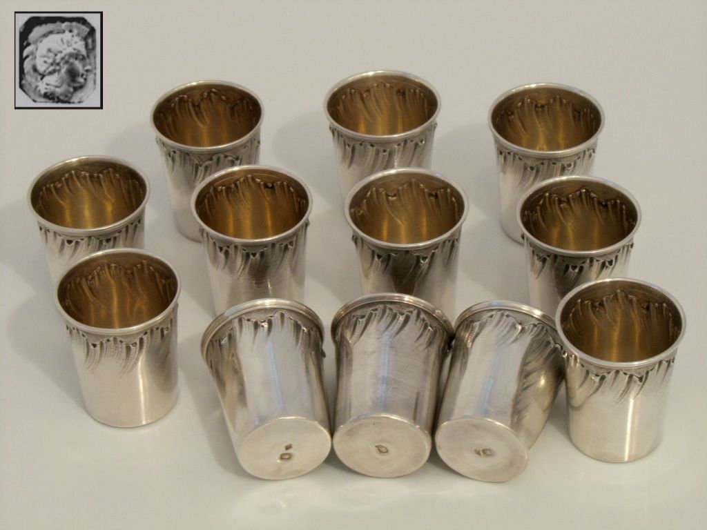 Women's or Men's Gorgeous French Sterling Silver Vermeil Liquor Cups 12pc with Original Box Rococo