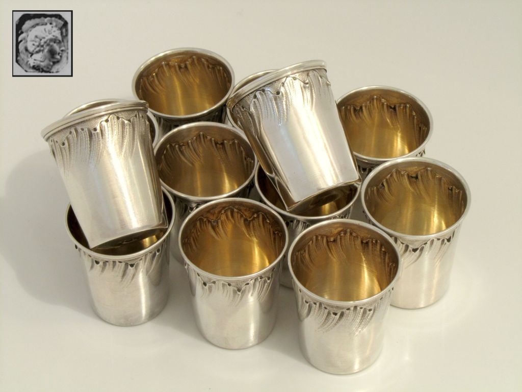 Gorgeous French Sterling Silver Vermeil Liquor Cups 12pc with Original Box Rococo 2