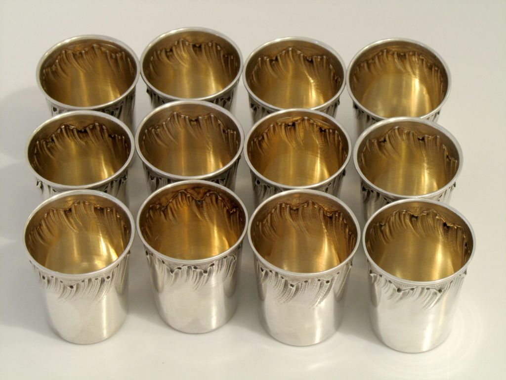 Gorgeous French Sterling Silver Vermeil Liquor Cups 12pc with Original Box Rococo 3