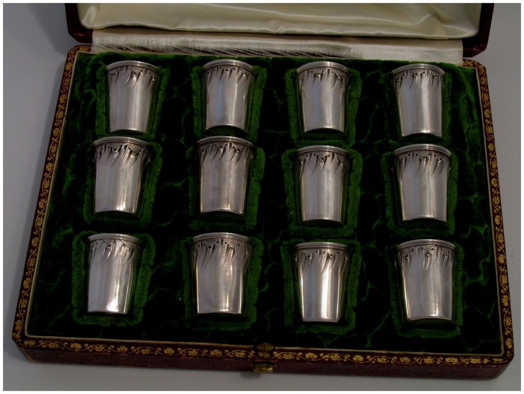 Gorgeous French Sterling Silver Vermeil Liquor Cups 12pc with Original Box Rococo 4