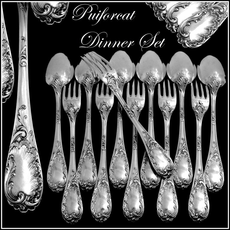 PUIFORCAT Fabulous French Sterling Silver Dinner Flatware Set 12 pc Rococo

Handles have fantastic decoration in the Rococo style. Model called 