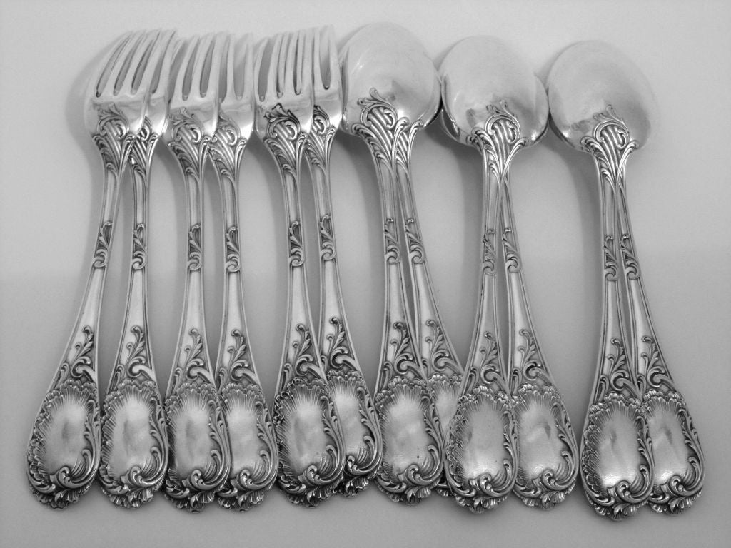 PUIFORCAT Fabulous French Sterling Silver Dinner Flatware Set 12 pc Rococo 1