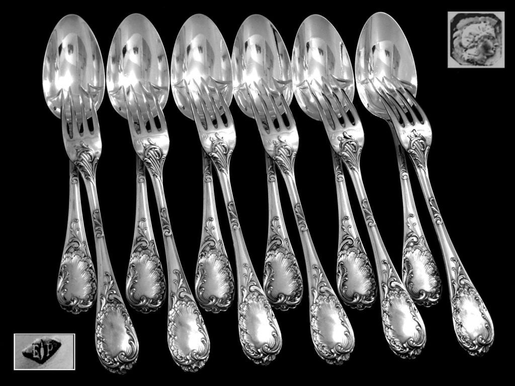 PUIFORCAT Fabulous French Sterling Silver Dinner Flatware Set 12 pc Rococo 2