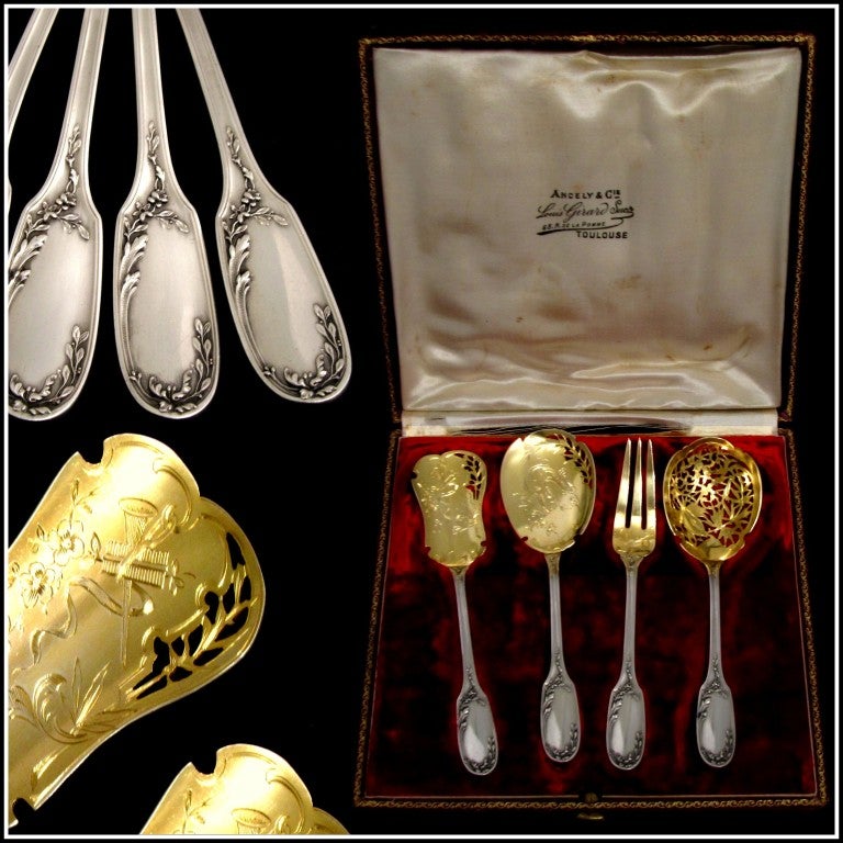 TOP French All Sterling Silver Vermeil Dessert Set 4 pc box Musical Instruments

Head of Minerve 1 st titre for 950/1000 French Sterling Silver Vermeil guarantee.

A set of truly exceptional quality, for the richness of their decoration Louis