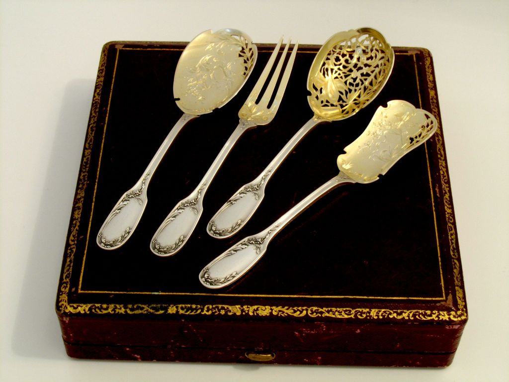 Art Nouveau TOP French All Sterling Silver Vermeil Dessert Set 4pc Box Musical Instruments For Sale