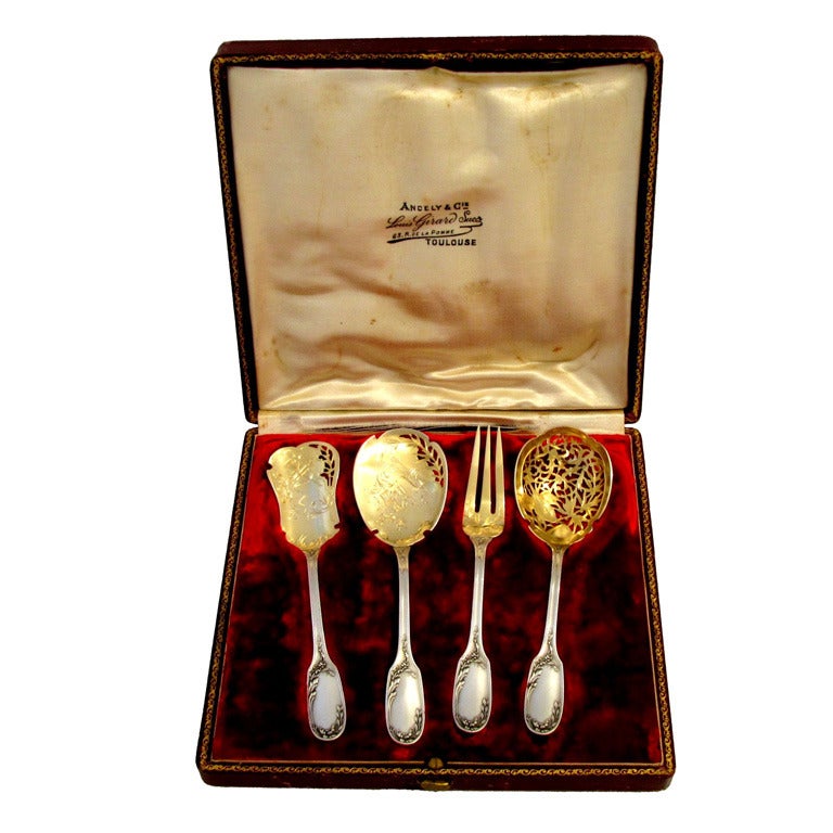 TOP French All Sterling Silver Vermeil Dessert Set 4pc Box Musical Instruments For Sale
