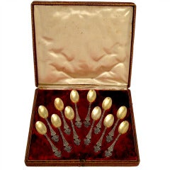 Antique PUIFORCAT French Sterling Silver Vermeil Tea Spoons Set 12 pc w/chest Trilobé