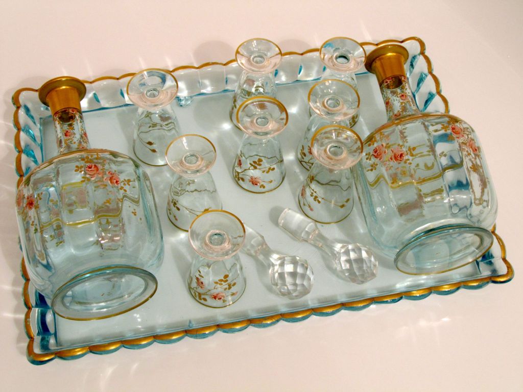 1900's BACCARAT French Enameled Liqueur Set, Decanter Pair, Cordials &Tray Roses 5