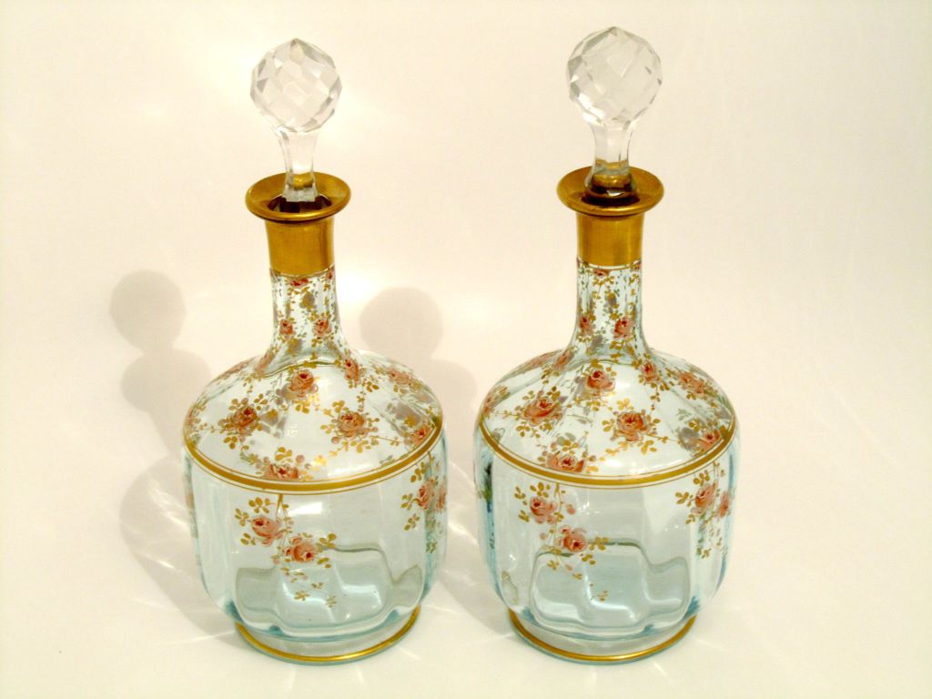 Art Nouveau 1900's BACCARAT French Enameled Liqueur Set, Decanter Pair, Cordials &Tray Roses