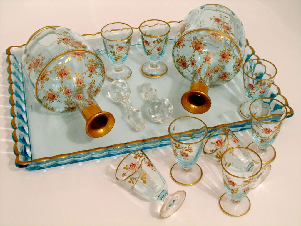 1900's BACCARAT French Enameled Liqueur Set, Decanter Pair, Cordials &Tray Roses 3