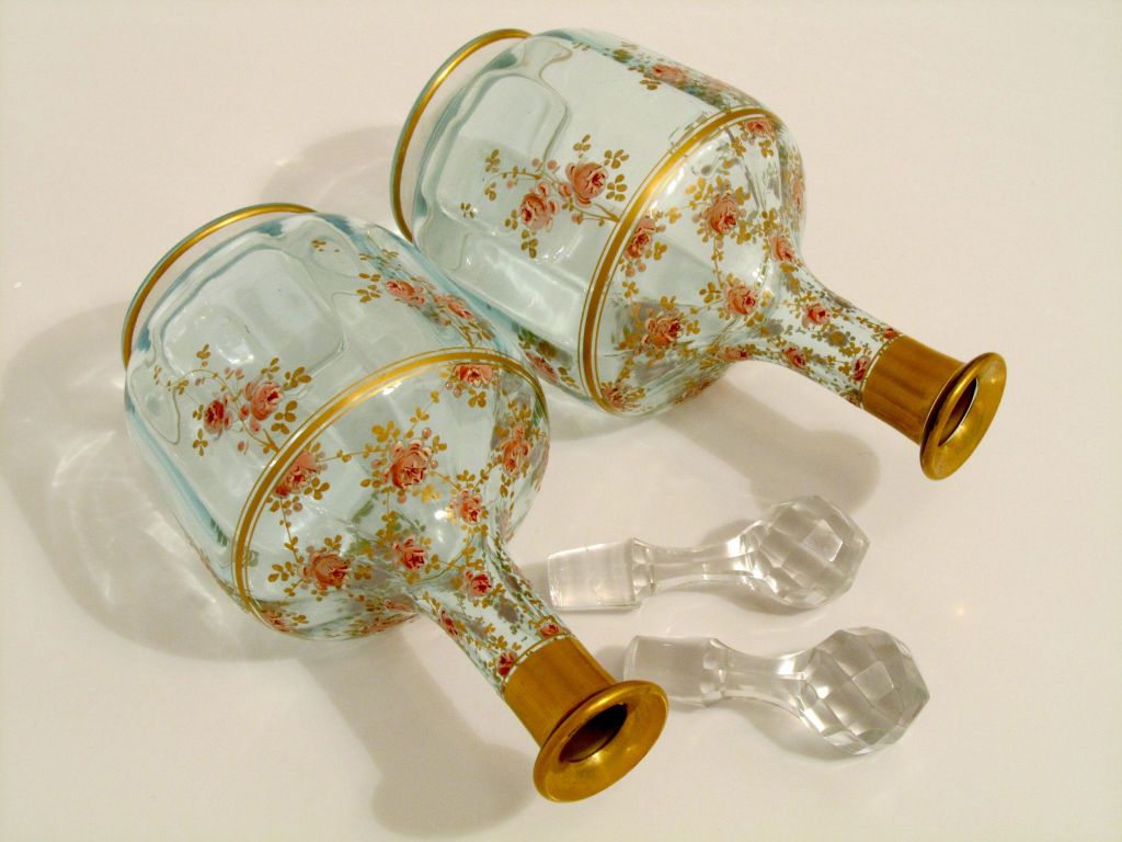 1900's BACCARAT French Enameled Liqueur Set, Decanter Pair, Cordials &Tray Roses 4