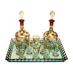 1900's BACCARAT French Enameled Liqueur Set, Decanter Pair, Cordials &Tray Roses