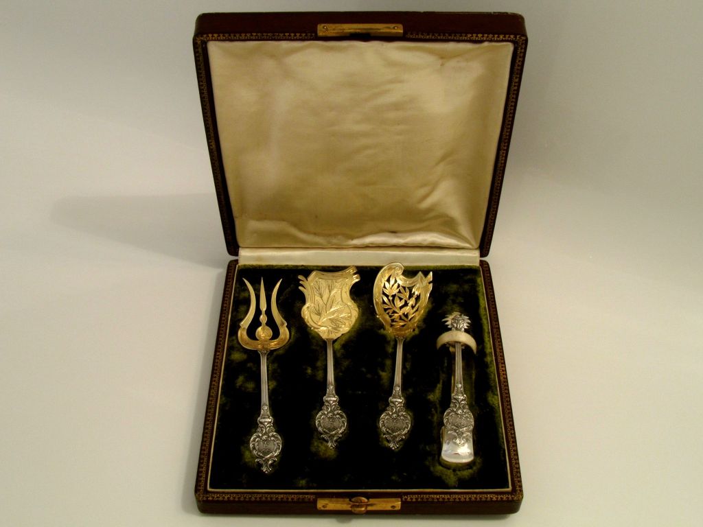 CANAUX Fabulous French All Sterling Silver Vermeil Dessert Set 4pc with Box Torchs For Sale 5