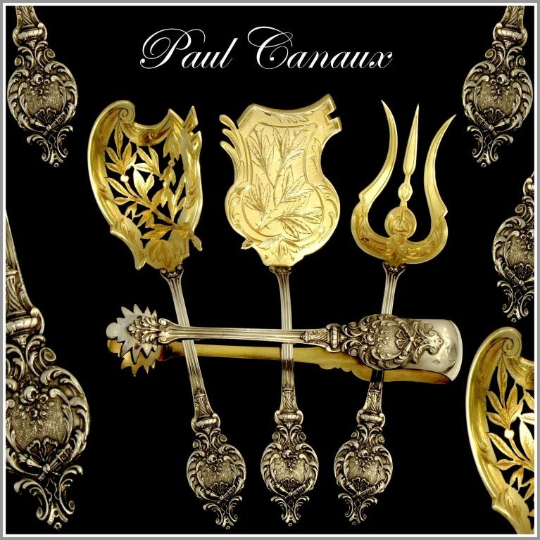 CANAUX Fabulous French All Sterling Silver Vermeil Dessert Set 4 pc w/box Torchs

A set of truly exceptional quality, for the richness of their decoration, not only for their form and sculpting, but also for the multi-coloured which is itself