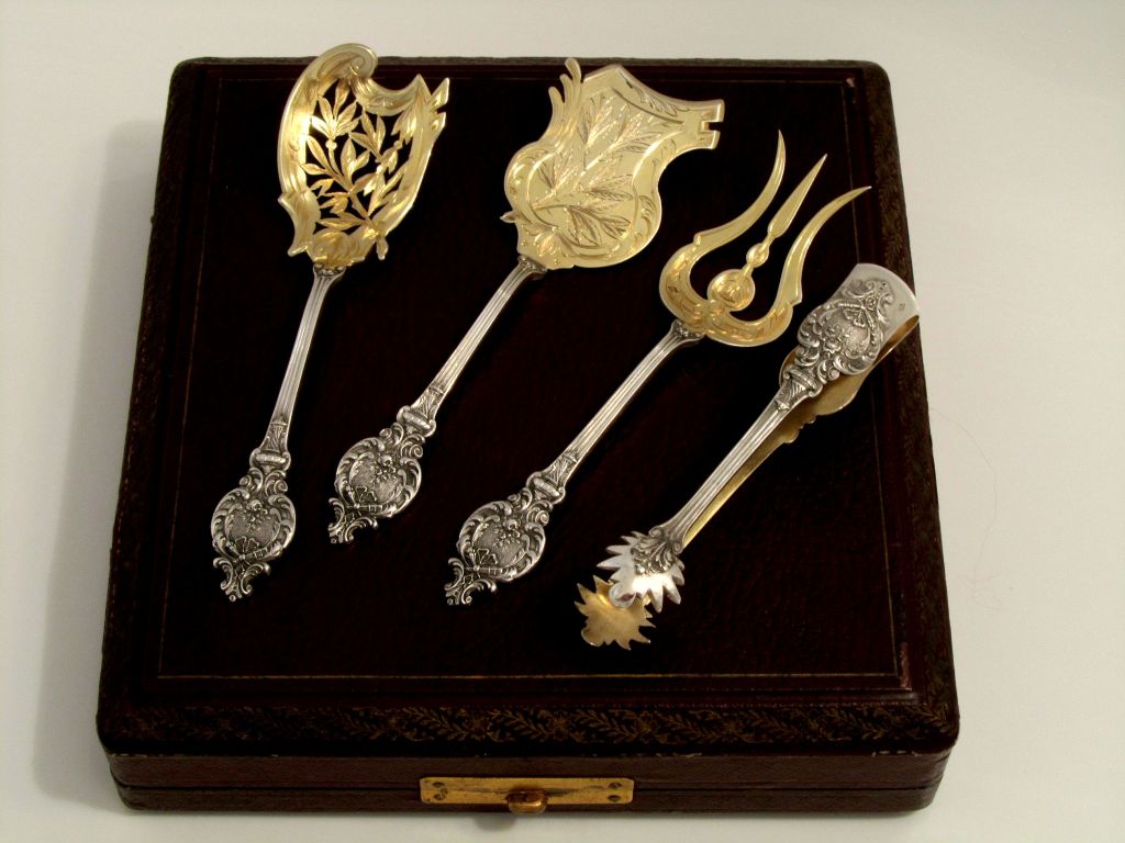 Art Nouveau CANAUX Fabulous French All Sterling Silver Vermeil Dessert Set 4pc with Box Torchs For Sale