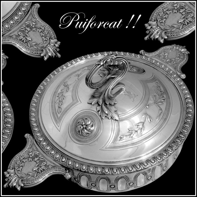 PUIFORCAT Rare French Sterling Silver Ecuelle, Covered Serving Dish/Tureen 

Head of Minerve 1 st titre for 950/1000 French Sterling Silver guarantee

The decoration on this piece is simply magnificent. Exceptional Louis XVI Pattern with