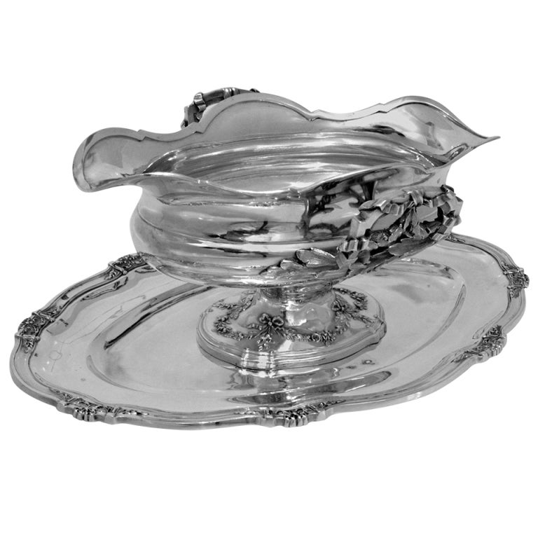 BOIVIN Exceptional French All Sterling Silver Gravy/Sauce Boat w/Tray Louis XVI pattern
