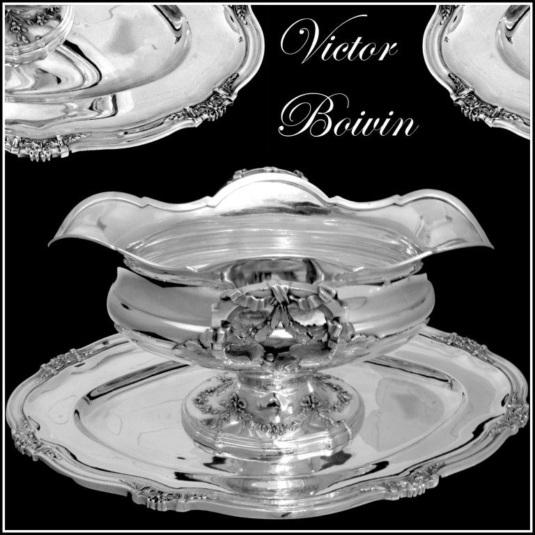 BOIVIN Exceptional French All Sterling Silver Gravy/Sauce Boat w/Tray Louis XVI pattern

Exceptional Louis XVI Pattern with ribbons and garland of flowers for this Sauce boat in sterling silver. Finesse of design and quality of execution rarely