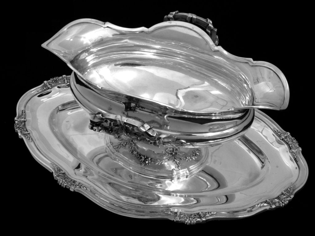 Art Nouveau BOIVIN Exceptional French All Sterling Silver Gravy/Sauce Boat w/Tray Louis XVI pattern