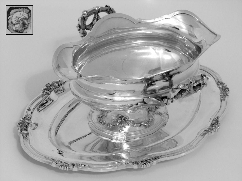 BOIVIN Exceptional French All Sterling Silver Gravy/Sauce Boat w/Tray Louis XVI pattern 2