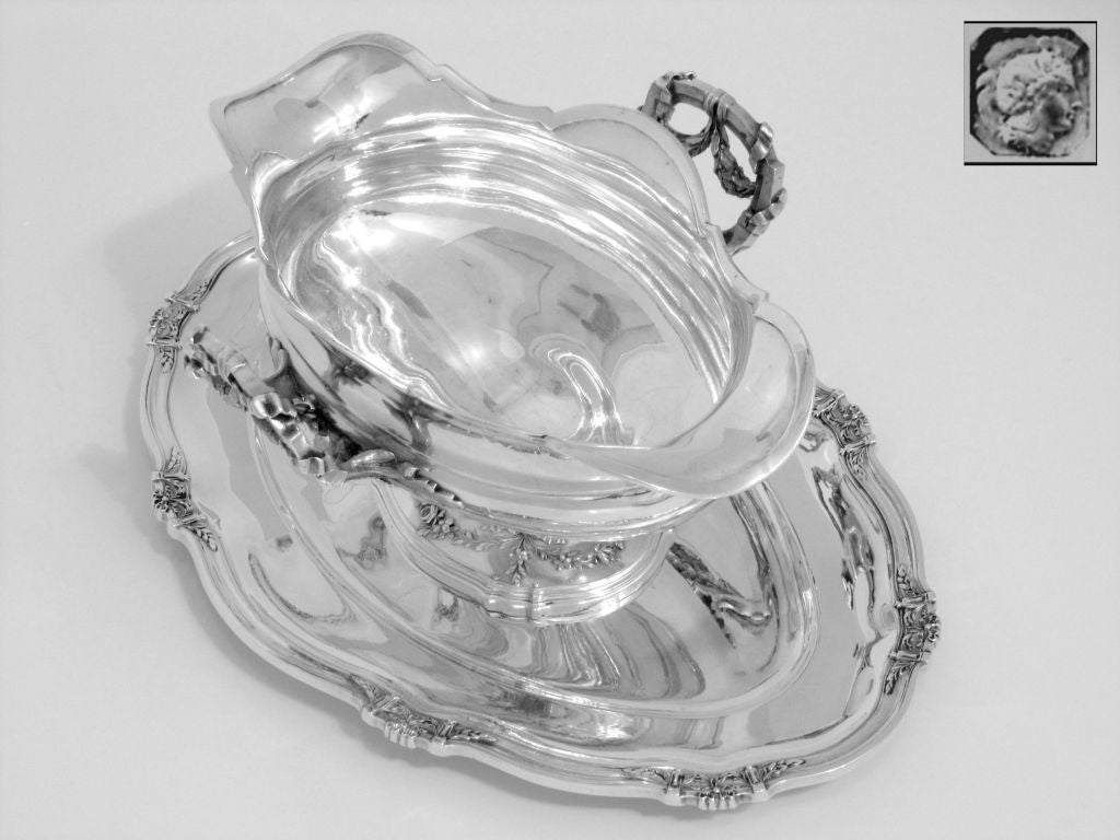 BOIVIN Exceptional French All Sterling Silver Gravy/Sauce Boat w/Tray Louis XVI pattern 3