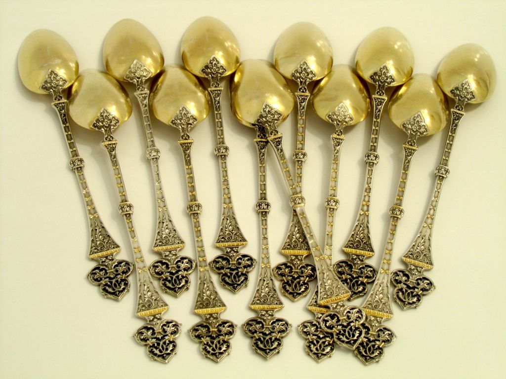 Art Nouveau PUIFORCAT Rare French Sterling Silver Vermeil Dessert Spoons Set 12 pc Trilobé
