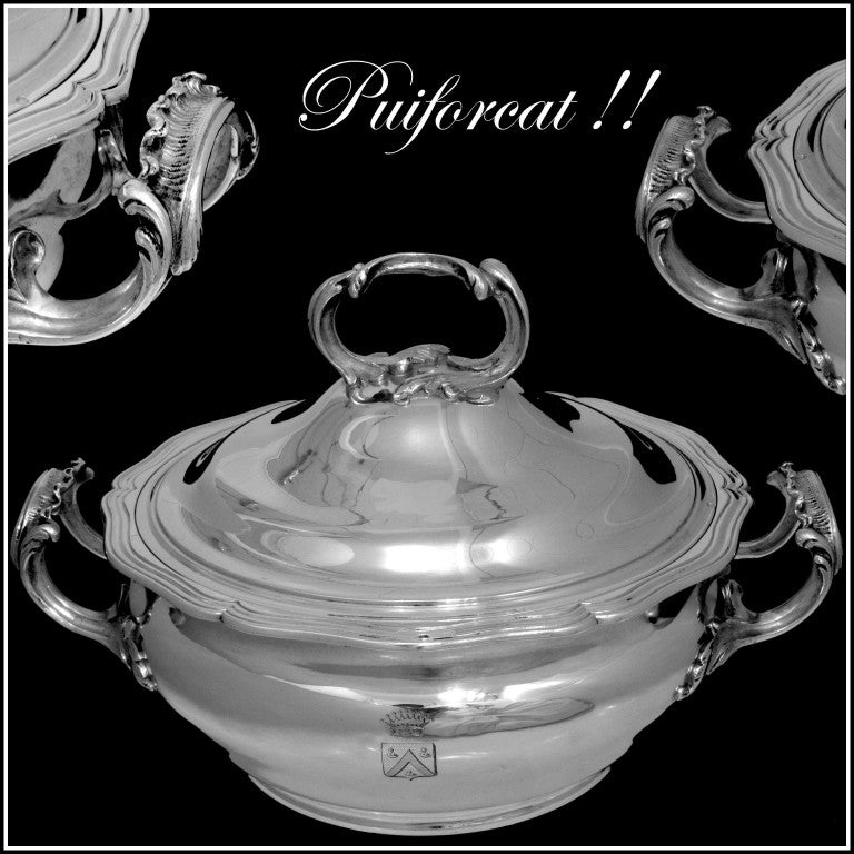 PUIFORCAT Rare French Sterling Silver Covered Serving Dish/Tureen Rococo

Exceptional Rococo Pattern for this Covered Dish/Tureen/Vegetable Dish in sterling silver. Finesse of design and quality of execution rarely seen.  Armorial and