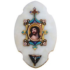 Rare Antique French Champleve Enamel Holy Water Font Christ Porcelain Painting