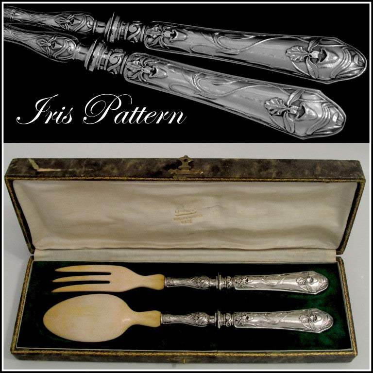 Antique French Sterling Silver & Ivory Salad Serving Set 2 pc w/box.
No monogrammed.

Hallmarks :
Head of Minerve 1 st titre on the handles for 950/1000 French Sterling Silver guarantee and ivory for the upper parts.

Measures : 11