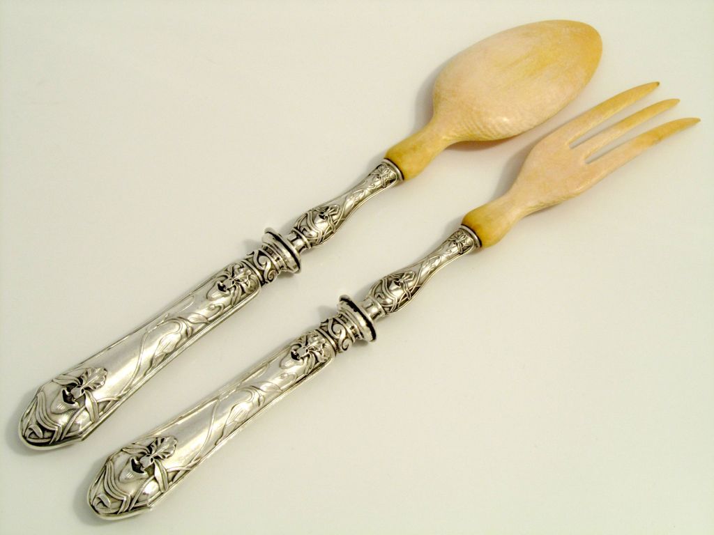 Art Nouveau Antique French Sterling Silver and Ivory Salad Serving Set 2 pc with Box Iris