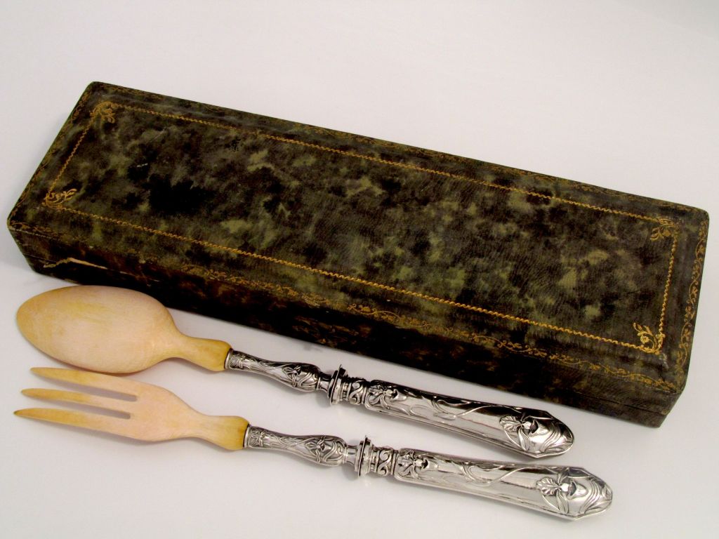 Women's or Men's Antique French Sterling Silver and Ivory Salad Serving Set 2 pc with Box Iris
