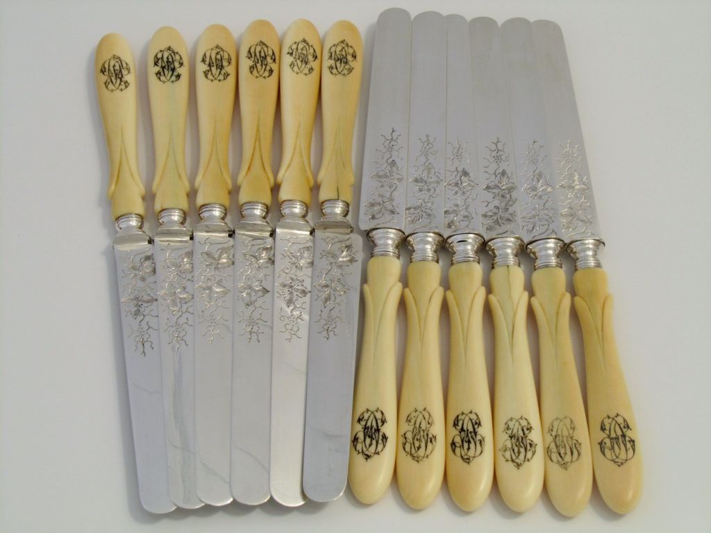 Women's or Men's Antique French Sterling Silver Blades Knife Set 12 pc with Box For Sale