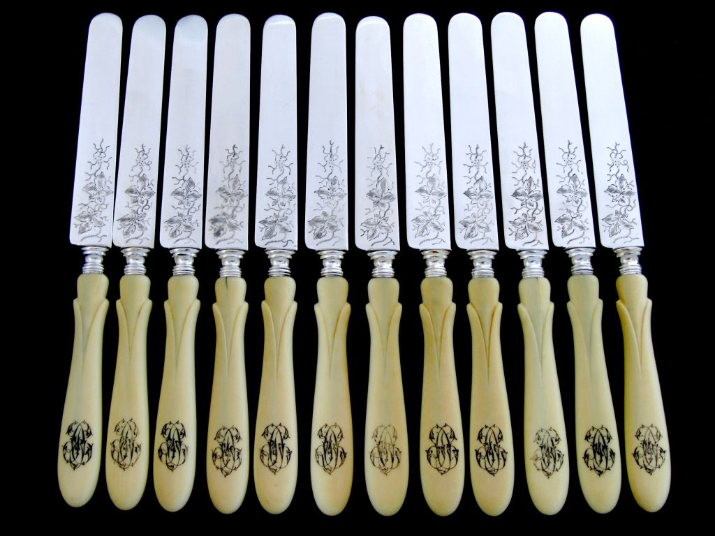 Antique French Sterling Silver Blades Knife Set 12 pc with Box For Sale 1