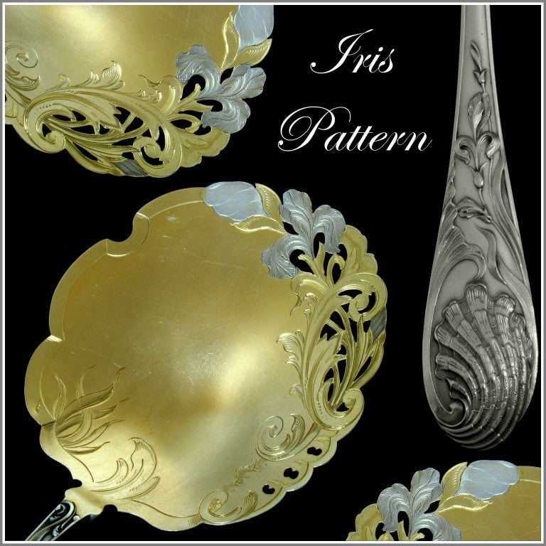 GABERT Fabulous French All Sterling Silver Vermeil Strawberry Iris Spoon 

Exceptional Strawberry spoon with iris and embellishments. The silver-gilded bowl with iris motif and the handle has shell,foliages and iris motifs. No monogrammed. To