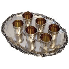 Gorgeous French All Sterling Silver Vermeil Liquor Cups 6pc with Tray Rococo
