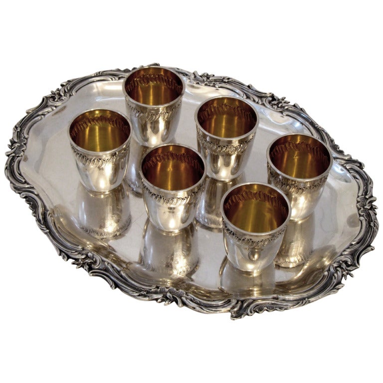Gorgeous French All Sterling Silver Vermeil Liquor Cups 6pc with Tray Rococo For Sale
