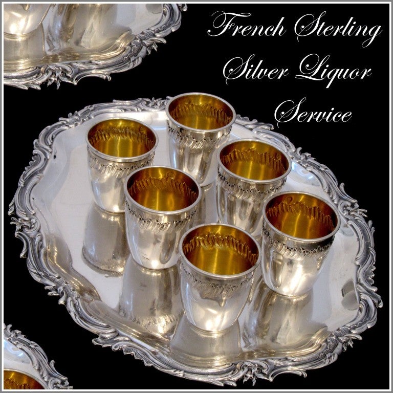 Gorgeous French All Sterling Silver Vermeil Liquor Cups 6 pc w/Tray Rococo 

This set is an exceptional example of the very developed Rococo style. Very high quality work. The set includes six sterling silver vermeil liquor cups and a sterling