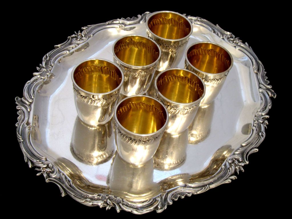 Art Deco Gorgeous French All Sterling Silver Vermeil Liquor Cups 6pc with Tray Rococo For Sale