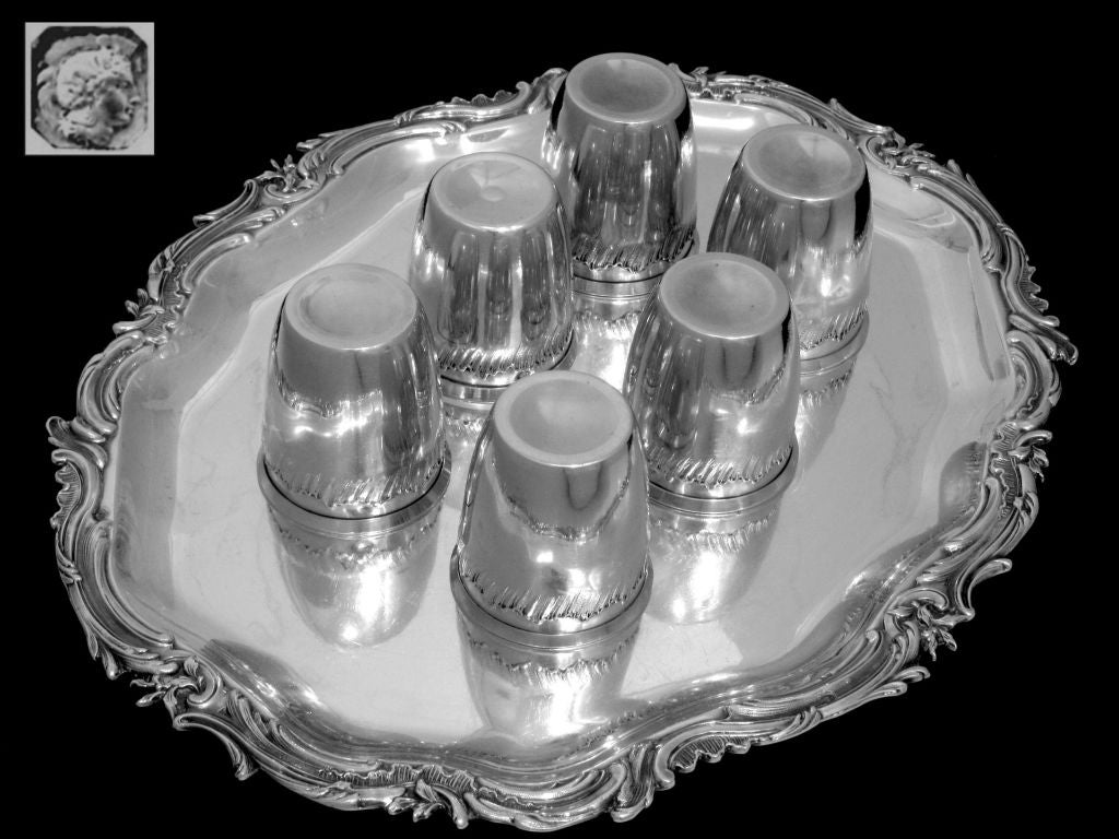 Gorgeous French All Sterling Silver Vermeil Liquor Cups 6pc with Tray Rococo In Good Condition For Sale In Triaize, Pays de Loire