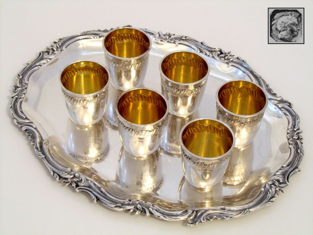 Gorgeous French All Sterling Silver Vermeil Liquor Cups 6pc with Tray Rococo For Sale 1