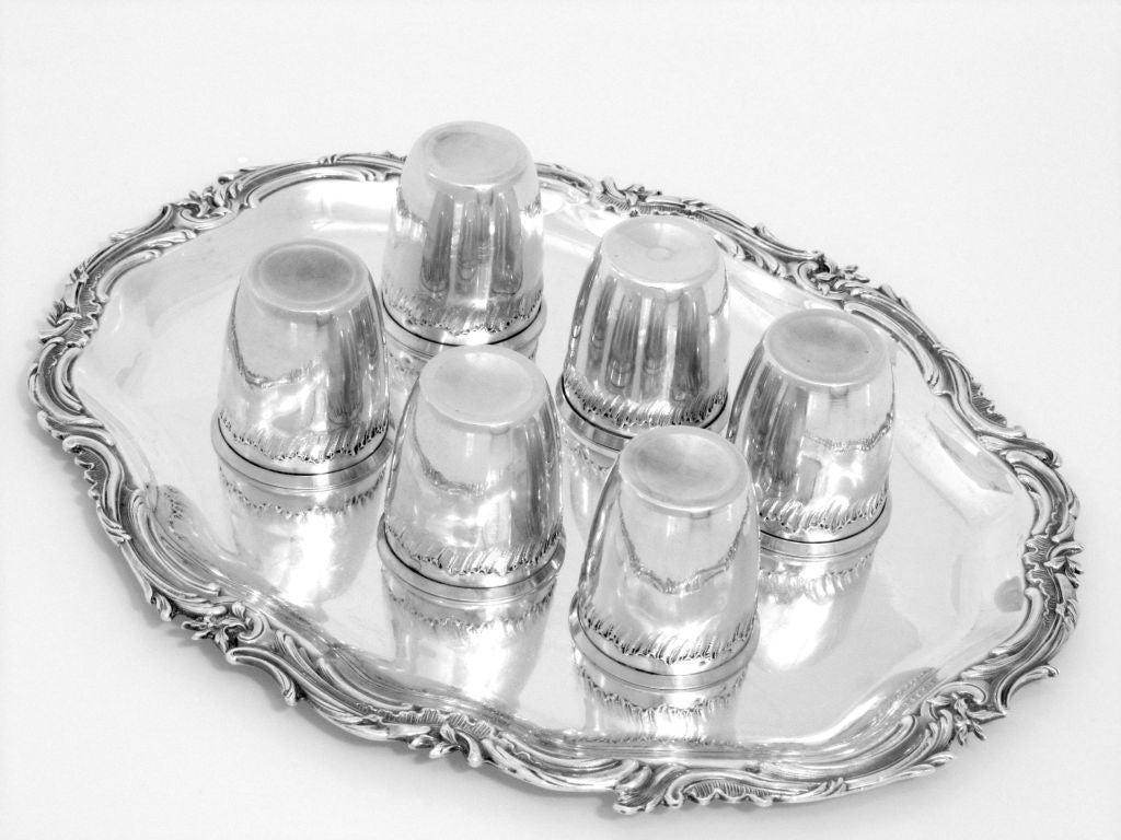 Gorgeous French All Sterling Silver Vermeil Liquor Cups 6pc with Tray Rococo For Sale 2